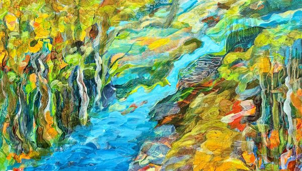 Title: River of Imagination by Christine Reimer – 24x36 inch abstract acrylic landscape painting featuring bold colors and textured layers.