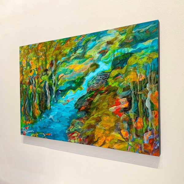 Title: River of Imagination by Christine Reimer – 24x36 inch abstract acrylic landscape painting featuring bold colors and textured layers.