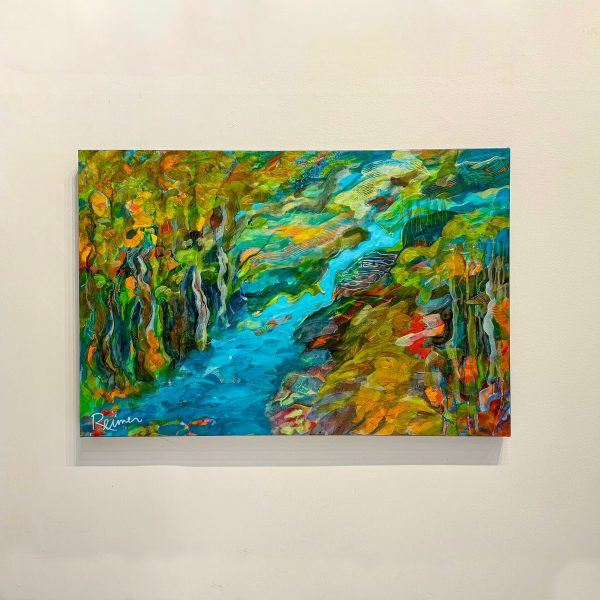 Title: River of Imagination by Christine Reimer – 24x36 inch abstract acrylic landscape painting featuring bold colors and textured layers.