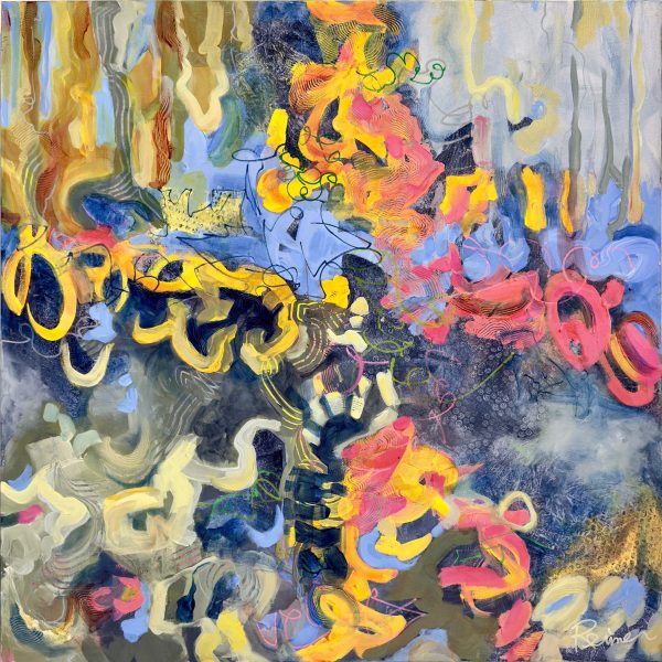 Title: Running in Circles by Christine Reimer – 36x36 inch abstract acrylic landscape painting featuring bold colors and textured layers.
