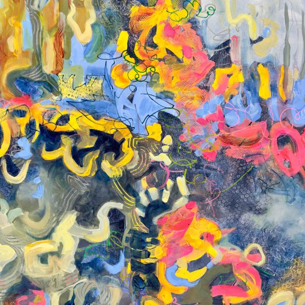 Title: Running in Circles by Christine Reimer – 36x36 inch abstract acrylic landscape painting featuring bold colors and textured layers.