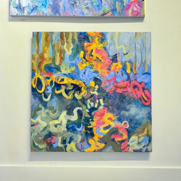 Title: Running in Circles by Christine Reimer – 36x36 inch abstract acrylic landscape painting featuring bold colors and textured layers.