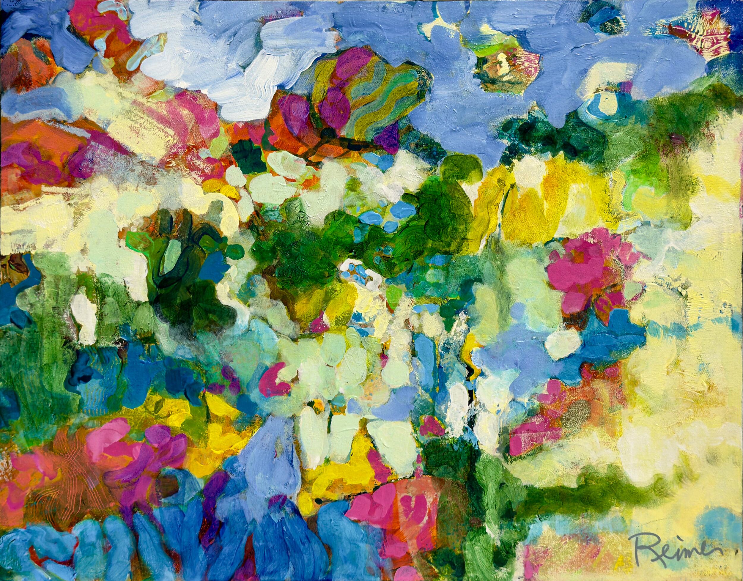 Title:  by Christine Reimer – 48x36 inch abstract acrylic landscape painting featuring bold colors and textured layers.