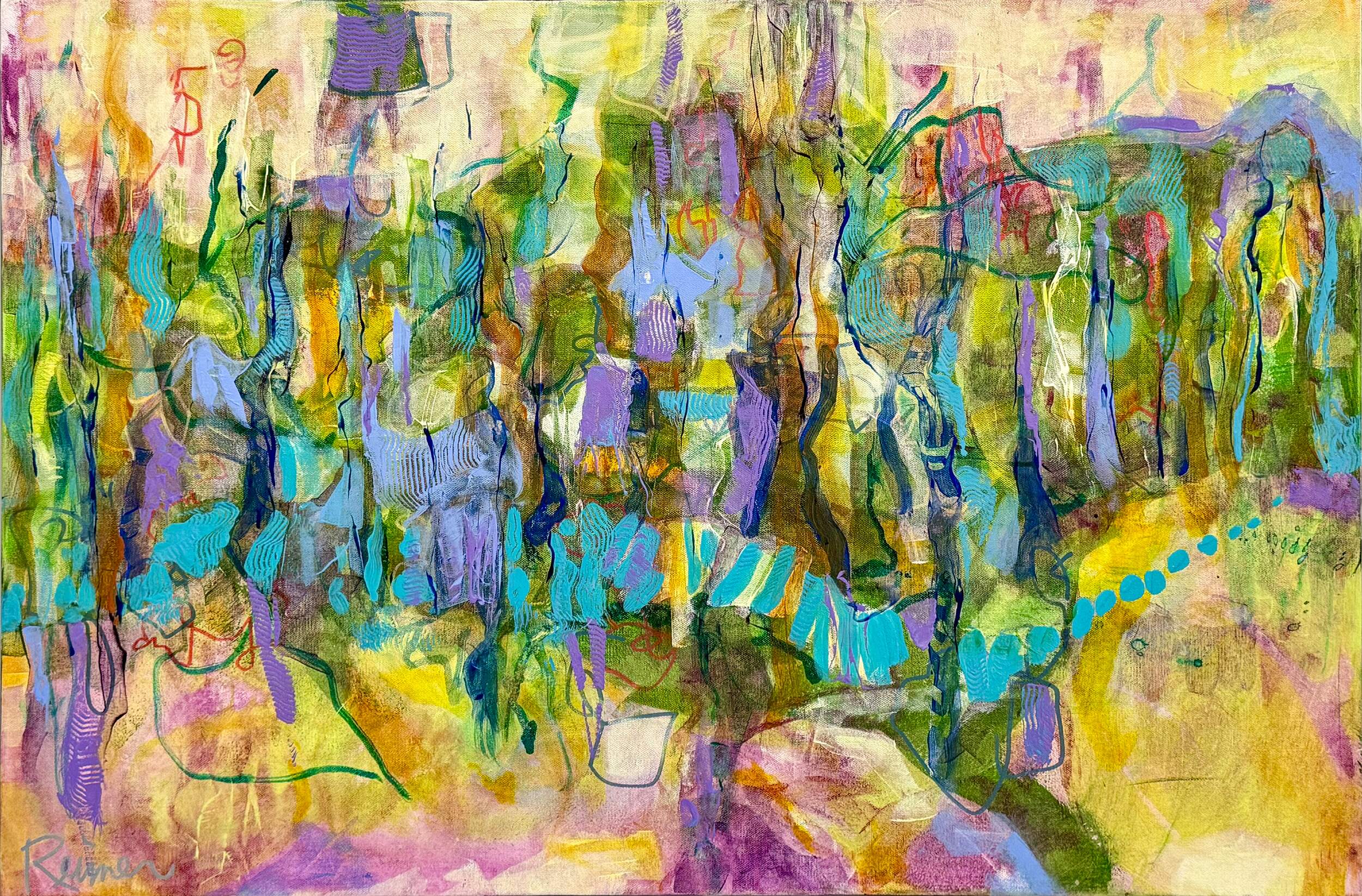 Title: Twilight at Forest Edge by Christine Reimer – 24x36 inch abstract acrylic landscape painting featuring bold colors and textured layers.