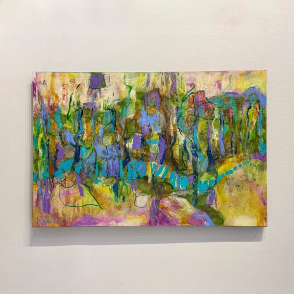 Title: Twilight at Forest Edge by Christine Reimer – 24x36 inch abstract acrylic landscape painting featuring bold colors and textured layers.