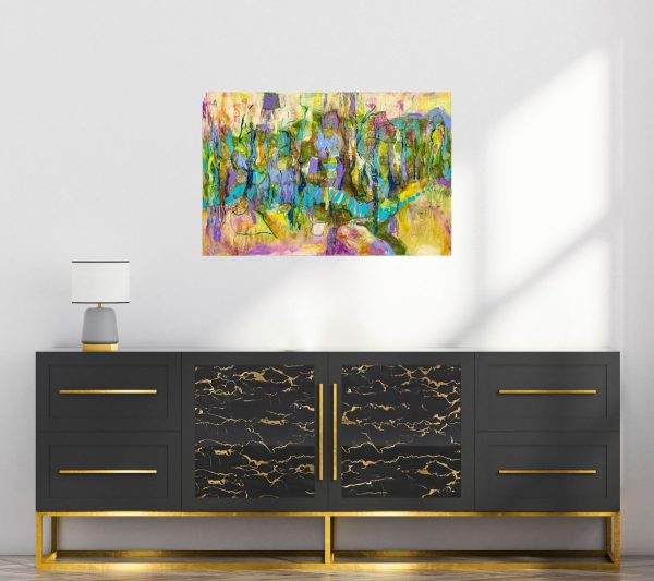 Title: Twilight at Forest Edge by Christine Reimer – 24x36 inch abstract acrylic landscape painting featuring bold colors and textured layers.