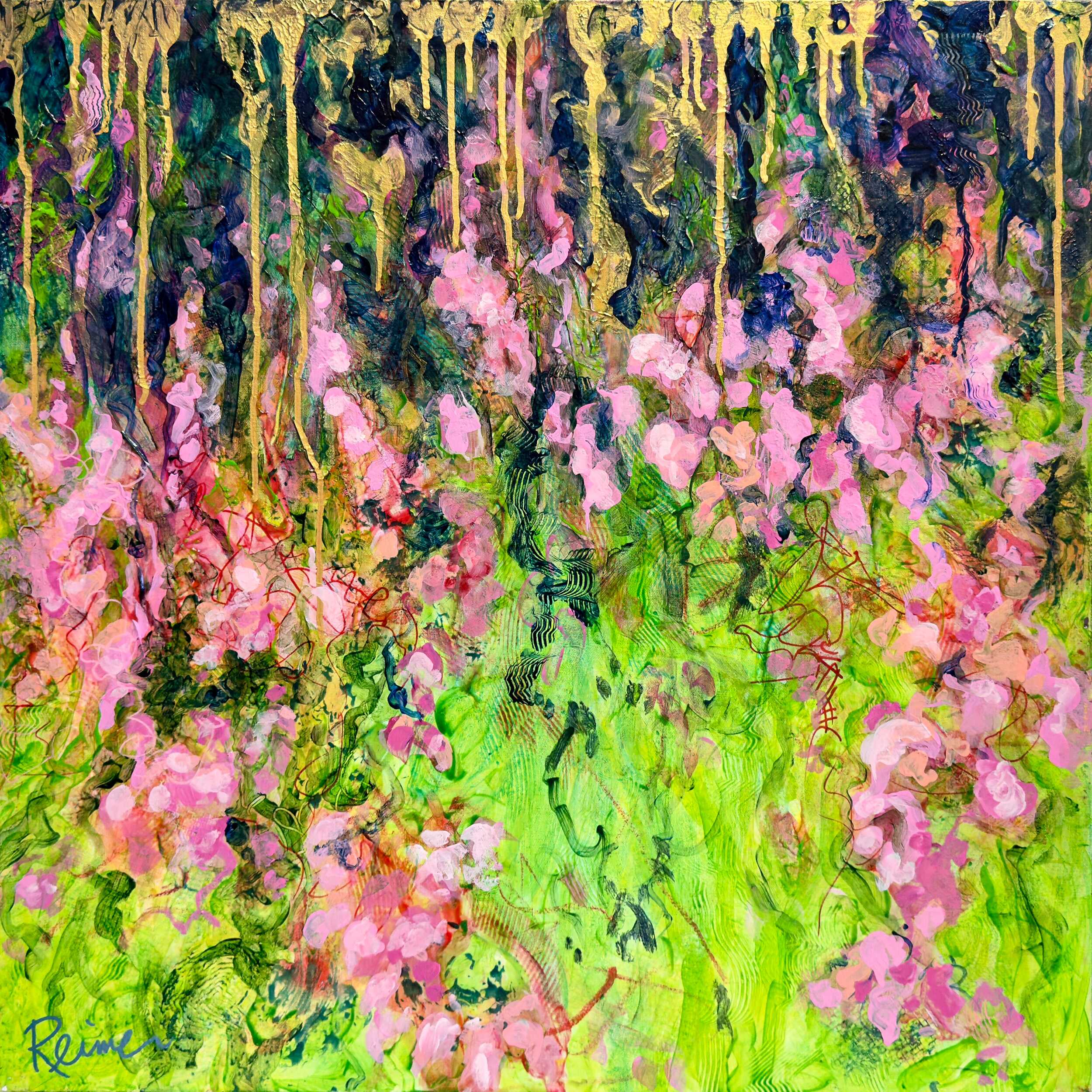 Title: Wisteria by Christine Reimer – 30x30 inch abstract acrylic landscape painting featuring bold colors and textured layers.