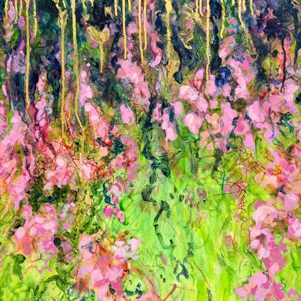 Title: Wisteria by Christine Reimer – 30x30 inch abstract acrylic landscape painting featuring bold colors and textured layers.