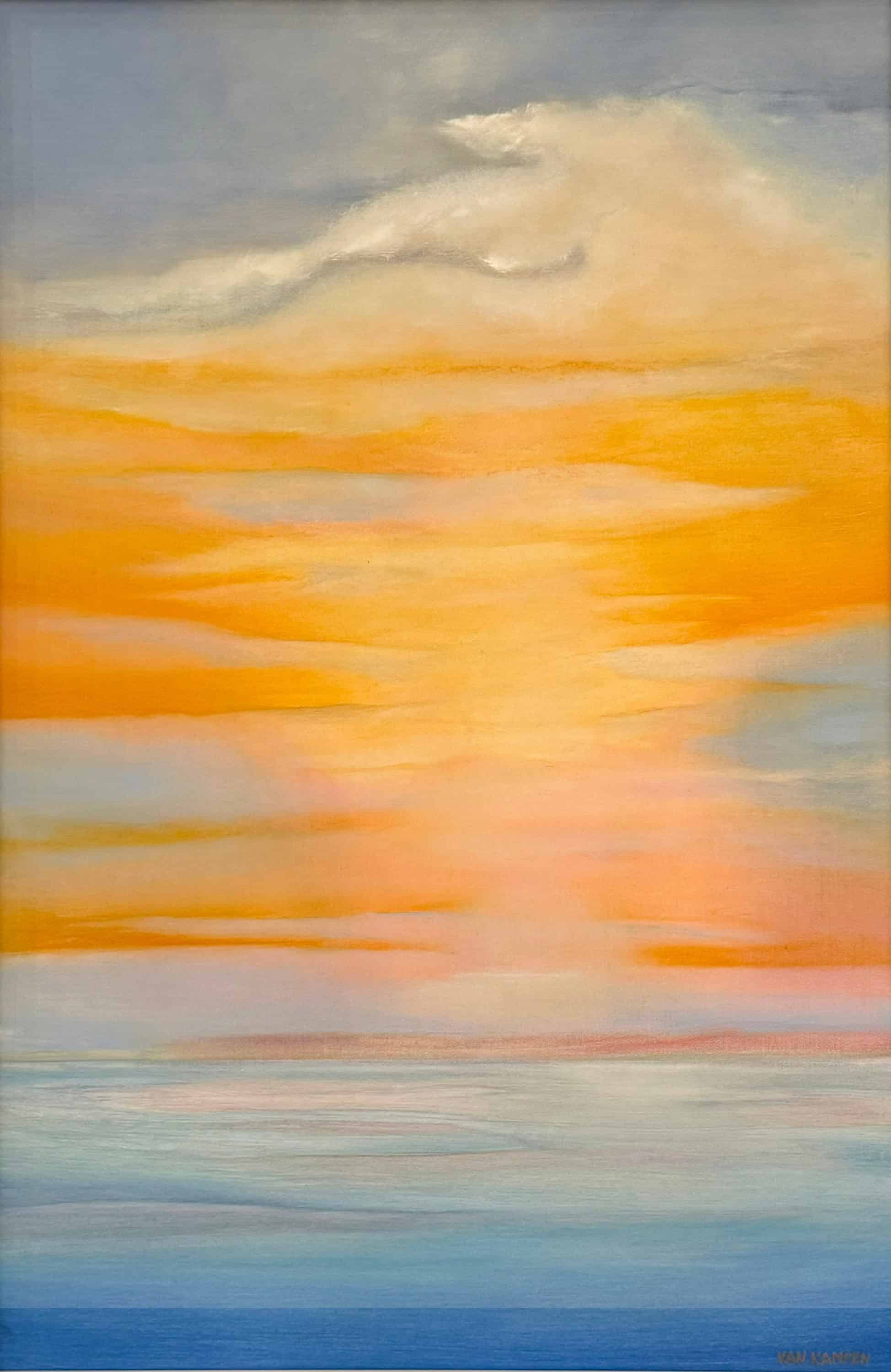 "First Cloud" by Katherine van Kampen – 36x24 inch oil on canvas depicting a serene abstract seascape with soft clouds and warm sunset tones.