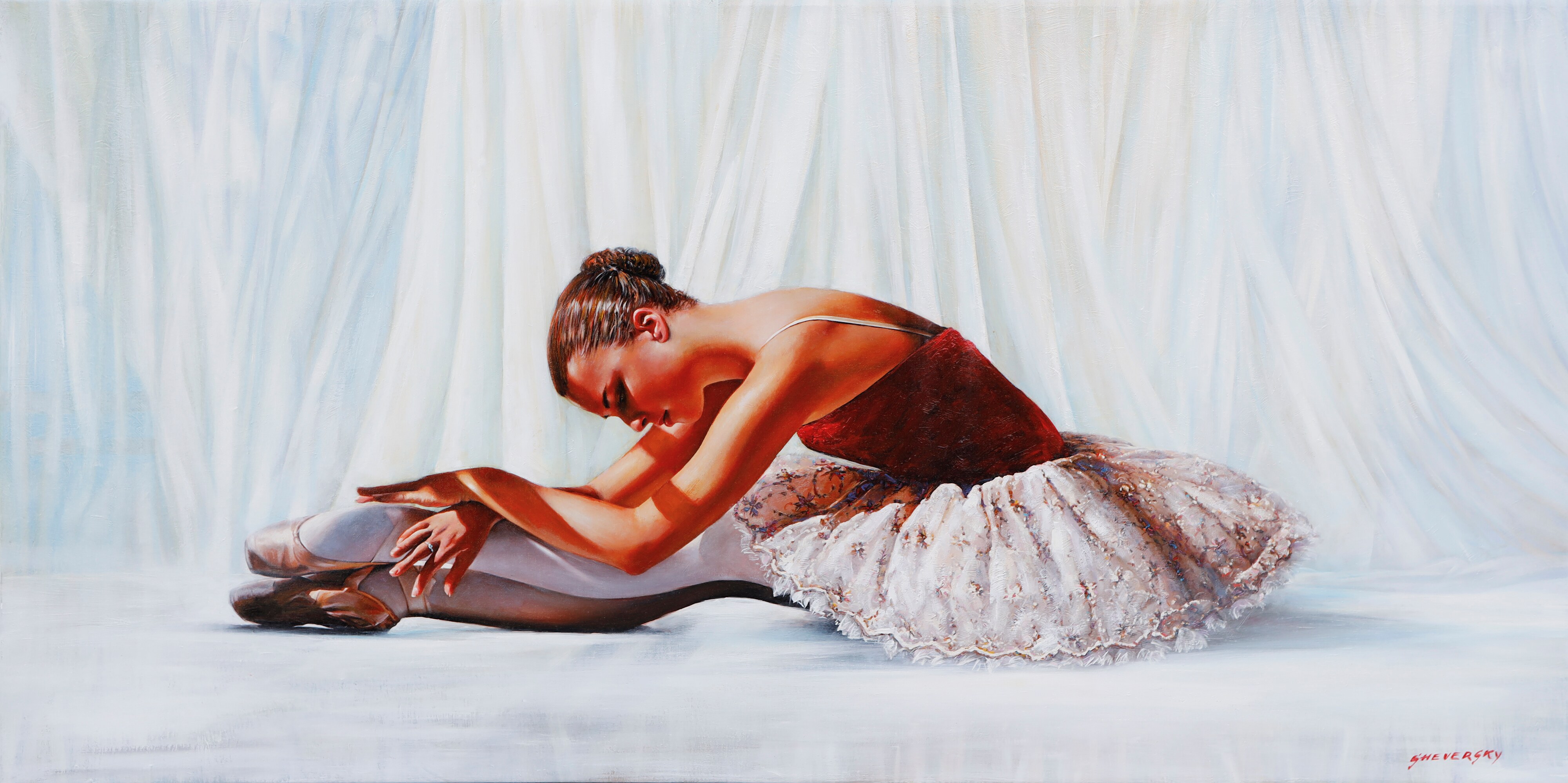 "Before Rehearsal" by Alexander Sheversky – 24x48 inch oil on canvas of a ballerina in a red bodice and white tutu stretching gracefully before dance rehearsal.