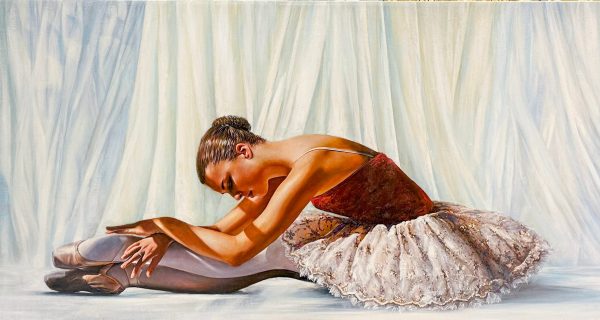 "Before Rehearsal" by Alexander Sheversky – 24x48 inch oil on canvas of a ballerina in a red bodice and white tutu stretching gracefully before dance rehearsal.