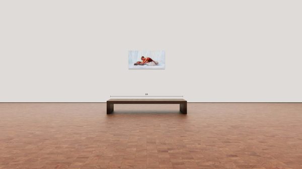 "Before Rehearsal" by Alexander Sheversky – 24x48 inch oil on canvas of a ballerina in a red bodice and white tutu stretching gracefully before dance rehearsal.