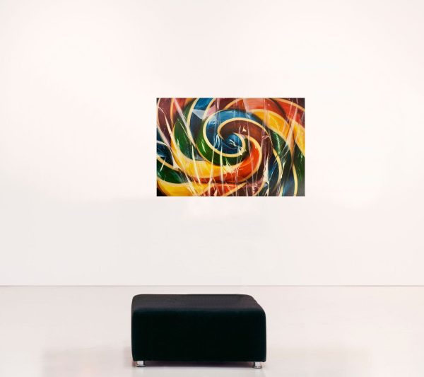 Loly Pop by Alexander Sheversky – 40x60 inch hyperrealist oil painting of a colorful swirled lollipop in bright red, yellow, blue, green, and orange, wrapped in cellophane.