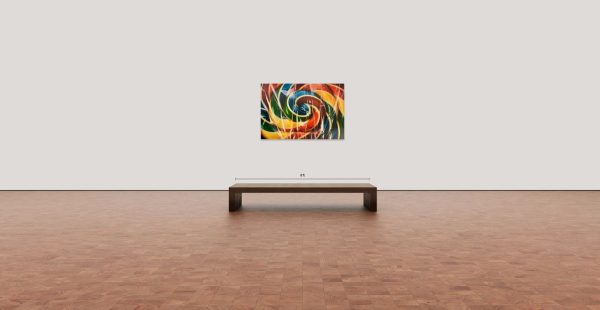 Loly Pop by Alexander Sheversky – 40x60 inch hyperrealist oil painting of a colorful swirled lollipop in bright red, yellow, blue, green, and orange, wrapped in cellophane.