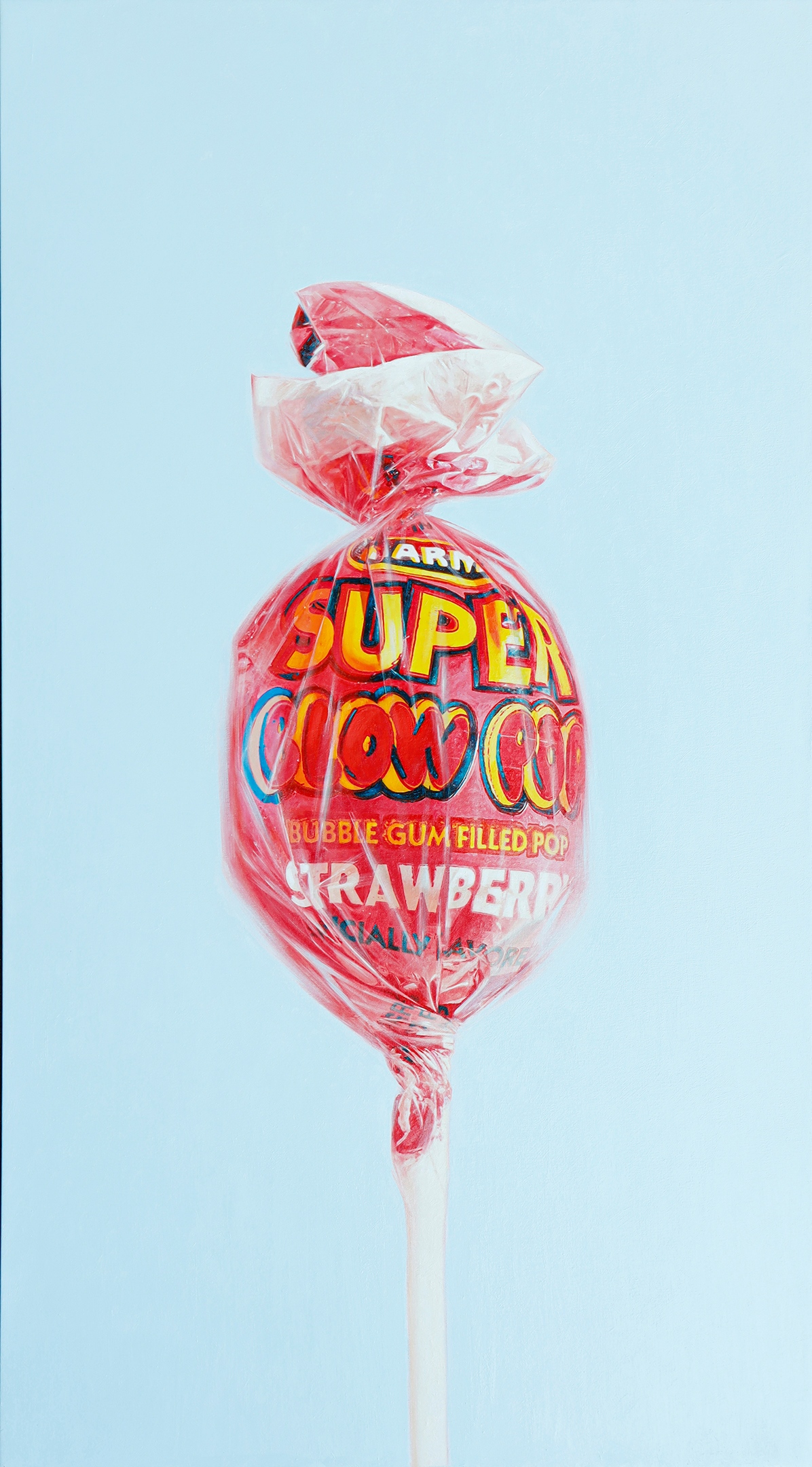 "Super Blow Pop" by Alexander Sheversky – 72x40 inch hyperrealist oil painting of a wrapped strawberry lollipop against a pale blue background.