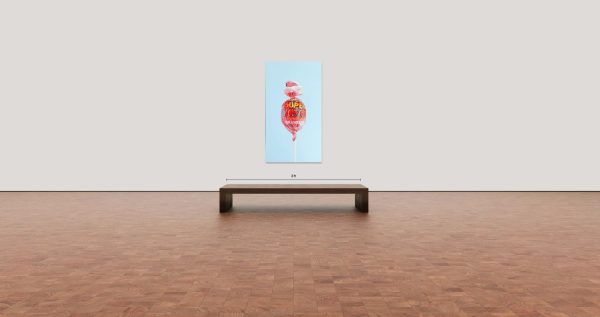 Super Blow Pop by Alexander Sheversky – 72x40 inch hyperrealist oil painting of a wrapped strawberry lollipop against a pale blue background.