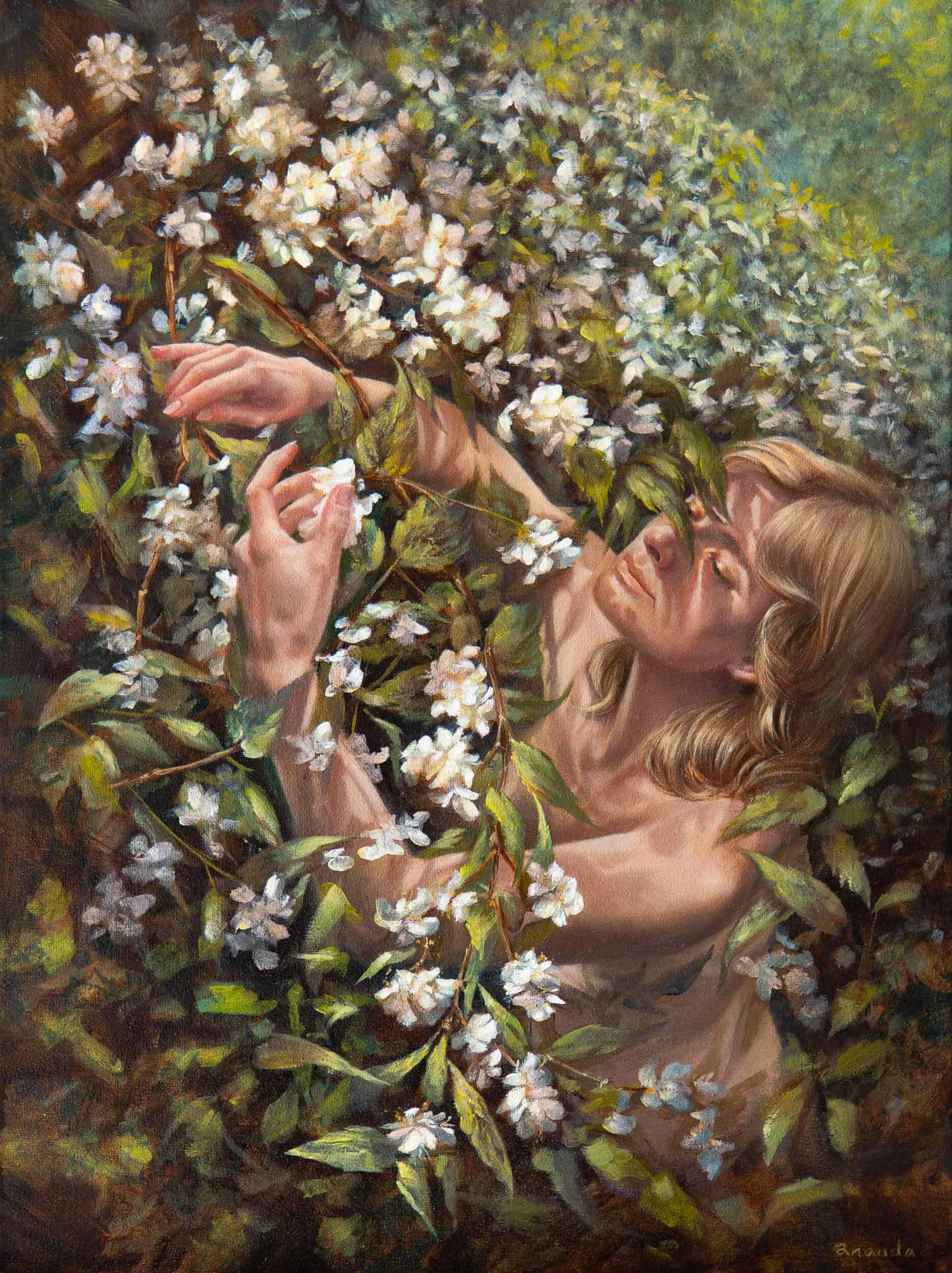 "Veiled Touch" by Ananda Dhama – 24x18 inch oil on canvas of a serene female figure immersed in white blossoms and green foliage, painted in natural light.