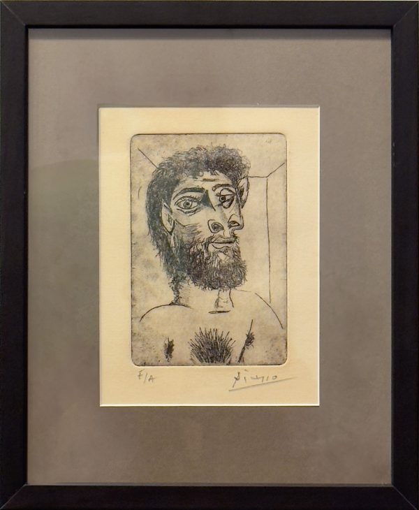 Pablo Picasso etching titled “Baylac Frédéric,” 7.5x5.5 inch, depicting a cubist male bust with intense gaze and beard, black ink on paper.