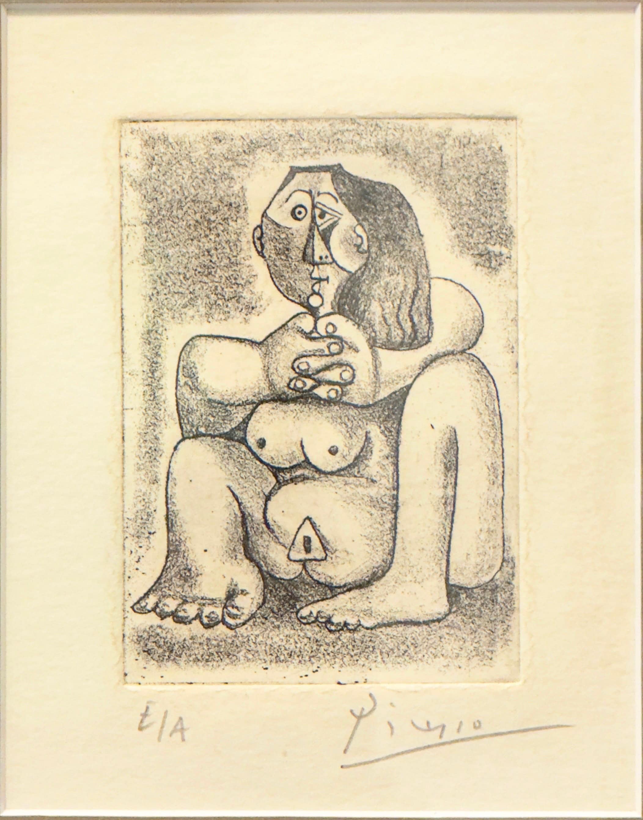 Pablo Picasso etching titled “Jeune Couple Accroupi” (Young Couple Crouching), 5.5x4.5 inch, depicting a cubist nude couple in an intimate pose, black ink on paper.
