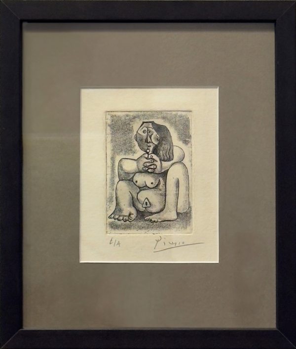 Pablo Picasso etching titled “Jeune Couple Accroupi” (Young Couple Crouching), 5.5x4.5 inch, depicting a cubist nude couple in an intimate pose, black ink on paper.