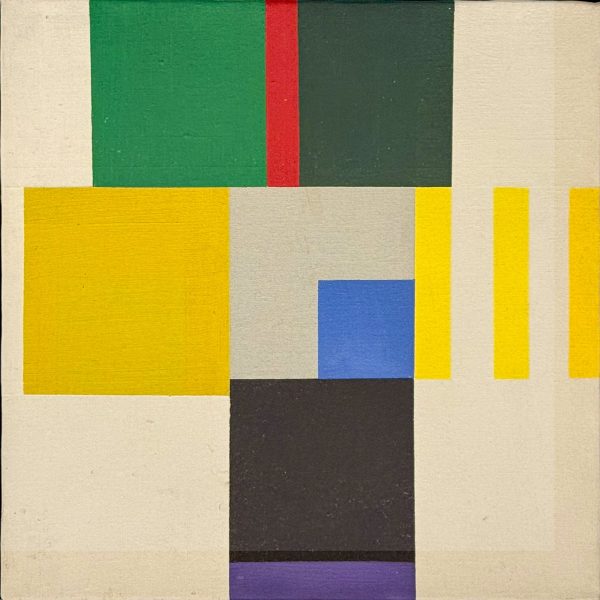 Theo van Doesburg oil on canvas, 12.5x12.5 inch, featuring geometric abstract composition with bold color blocks in yellow, green, red, blue, and black