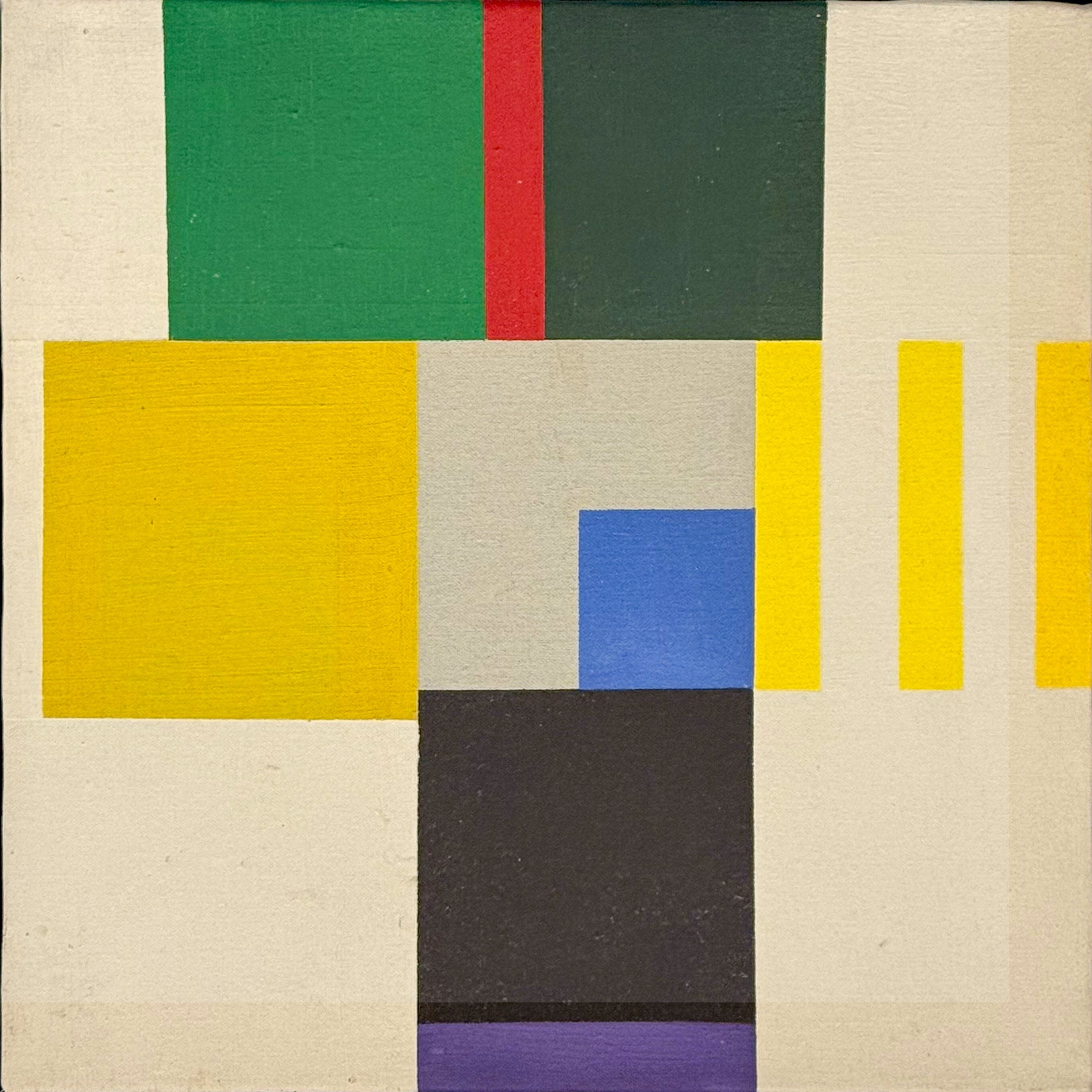 Theo van Doesburg oil on canvas, 12.5x12.5 inch, featuring geometric abstract composition with bold color blocks in yellow, green, red, blue, and black