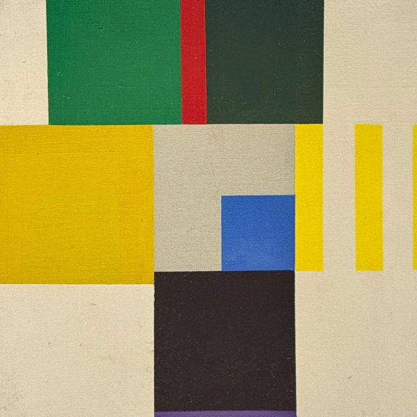 Theo van Doesburg oil on canvas, 12.5x12.5 inch, featuring geometric abstract composition with bold color blocks in yellow, green, red, blue, and black