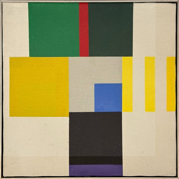 Theo van Doesburg oil on canvas, 12.5x12.5 inch, featuring geometric abstract composition with bold color blocks in yellow, green, red, blue, and black