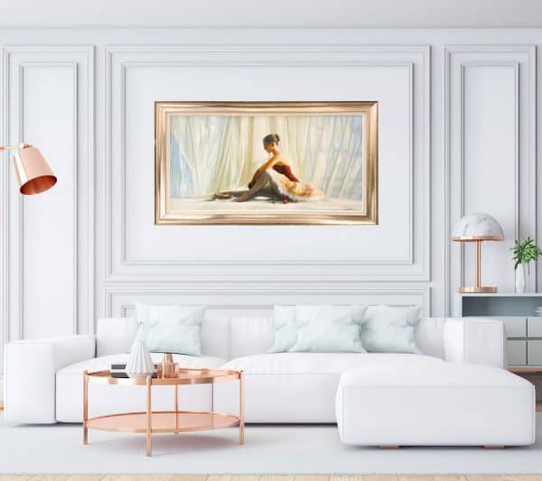 The Golden Light by Alexander Sheversky – 24x48 inch oil on canvas depicting a ballerina in a red bodice and tutu, seated gracefully with ballet shoes and a rose nearby, bathed in warm natural light.