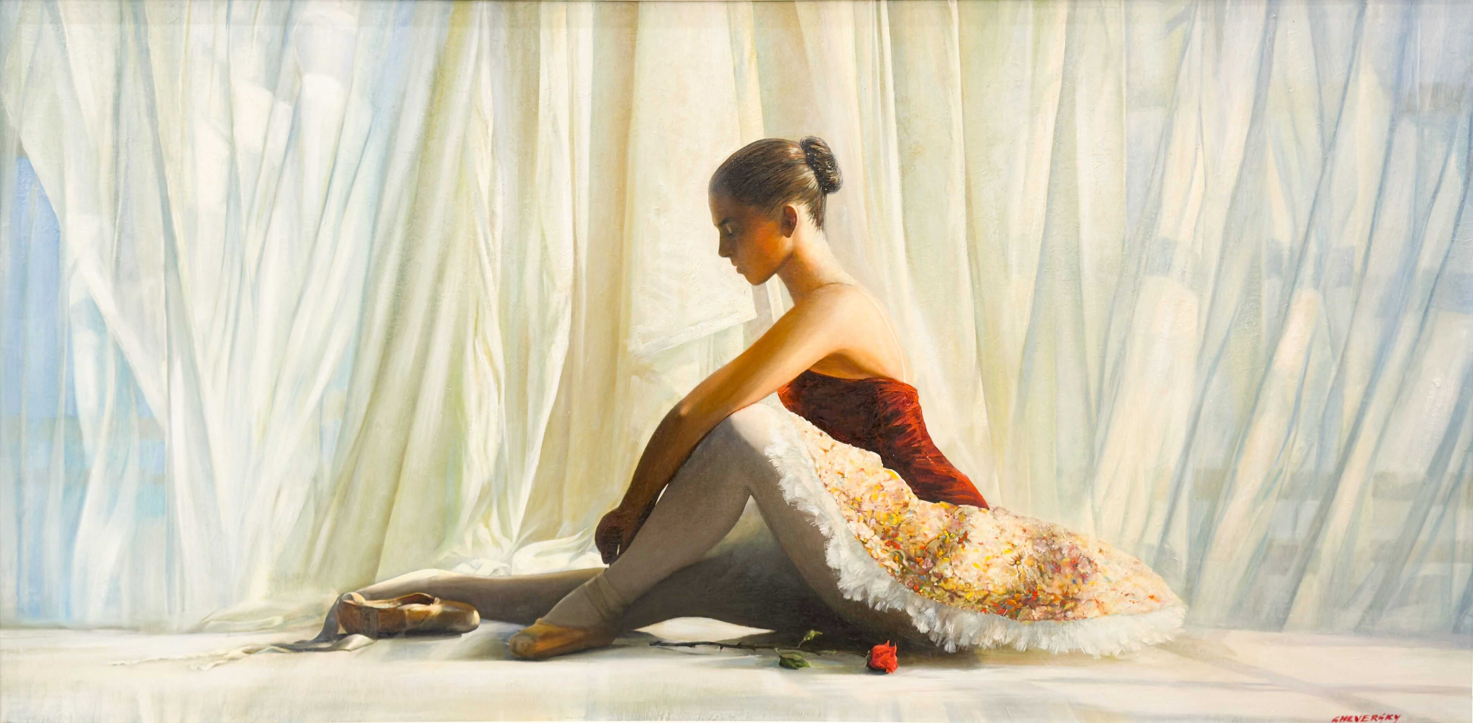 The Golden Light by Alexander Sheversky – 24x48 inch oil on canvas depicting a ballerina in a red bodice and tutu, seated gracefully with ballet shoes and a rose nearby, bathed in warm natural light.