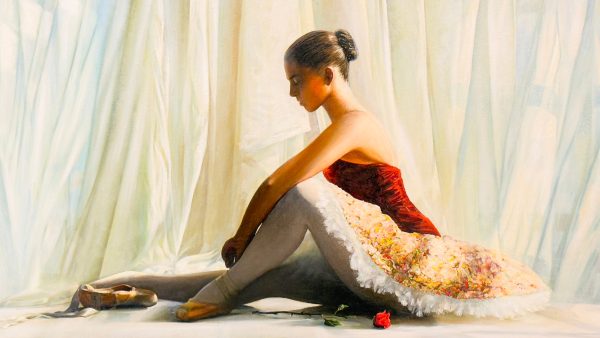 The Golden Light by Alexander Sheversky – 24x48 inch oil on canvas depicting a ballerina in a red bodice and tutu, seated gracefully with ballet shoes and a rose nearby, bathed in warm natural light.