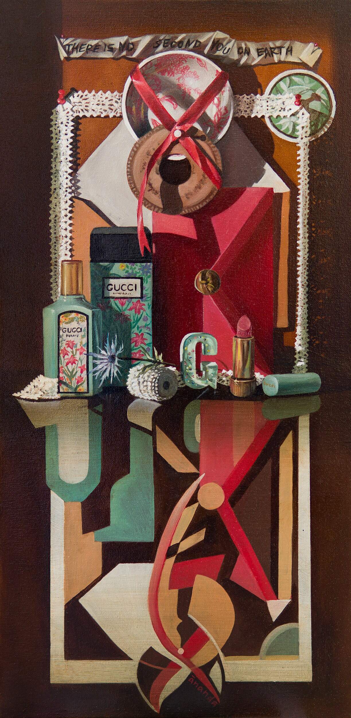Homage by Anna Petrova – 24x12 inch oil on canvas featuring a stylized still life with Gucci perfume, lipstick, and vintage decorative motifs in geometric composition.