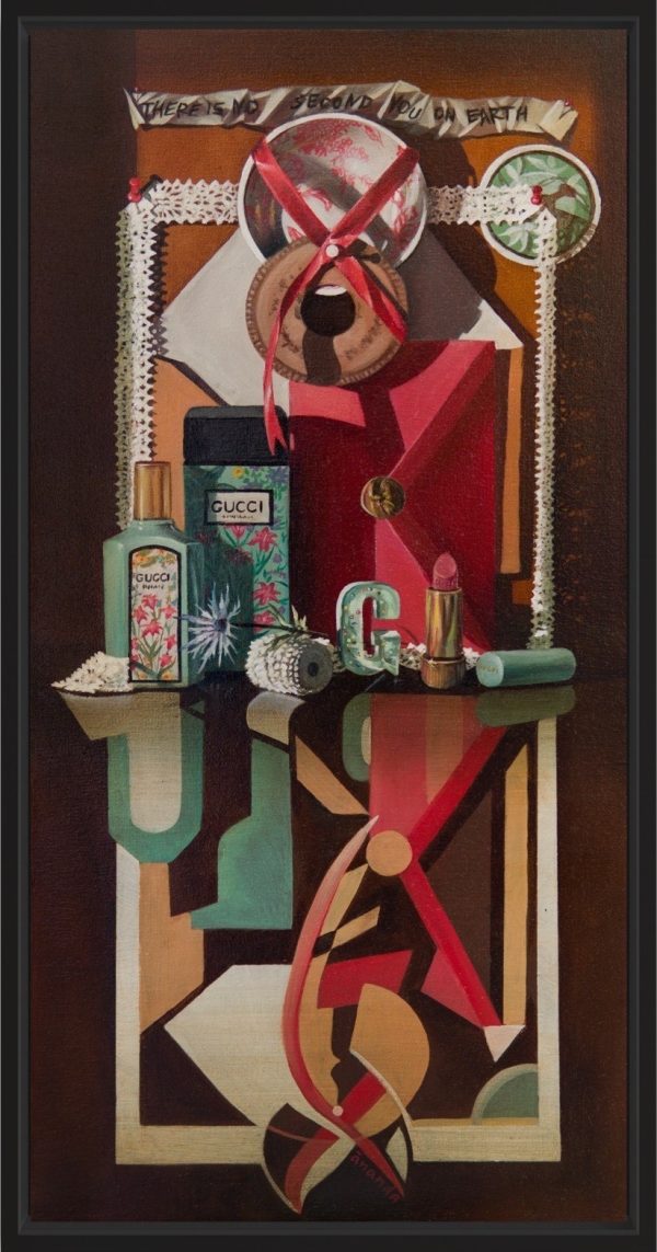 "Homage" by Anna Petrova – 24x12 inch oil on canvas featuring a stylized still life with Gucci perfume, lipstick, and vintage decorative motifs in geometric composition.