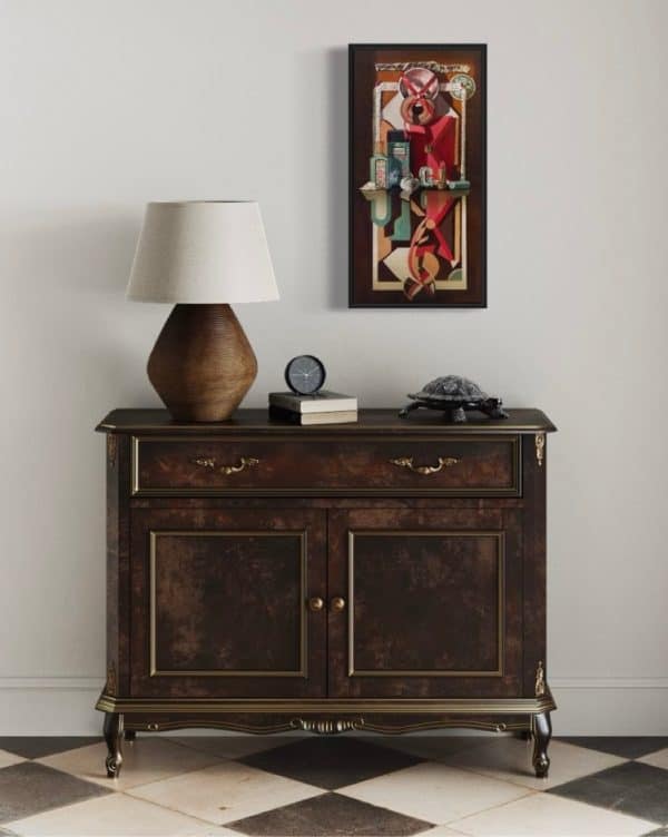 "Homage" by Anna Petrova – 24x12 inch oil on canvas featuring a stylized still life with Gucci perfume, lipstick, and vintage decorative motifs in geometric composition.