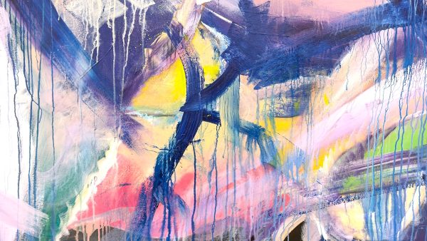 Title: Intervals of Dawn (2025) by David Hovan and Katherine van Kampen – abstract mixed media on canvas in blue, pink, and yellow tones suggesting transition and awakening.