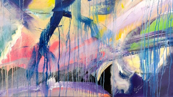 Title: Intervals of Dawn (2025) by David Hovan and Katherine van Kampen – abstract mixed media on canvas in blue, pink, and yellow tones suggesting transition and awakening.