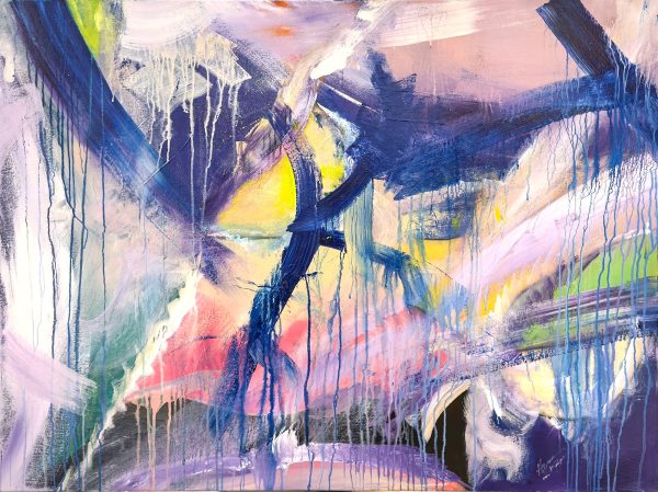 Title: Intervals of Dawn (2025) by David Hovan and Katherine van Kampen – abstract mixed media on canvas in blue, pink, and yellow tones suggesting transition and awakening.
