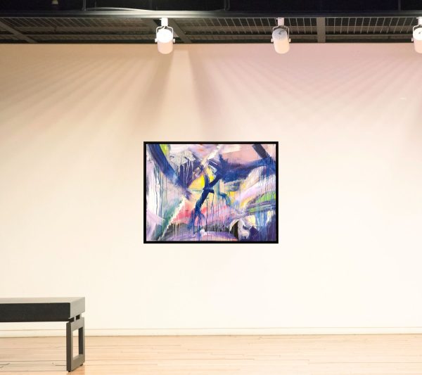 Title: Intervals of Dawn (2025) by David Hovan and Katherine van Kampen – abstract mixed media on canvas in blue, pink, and yellow tones suggesting transition and awakening.