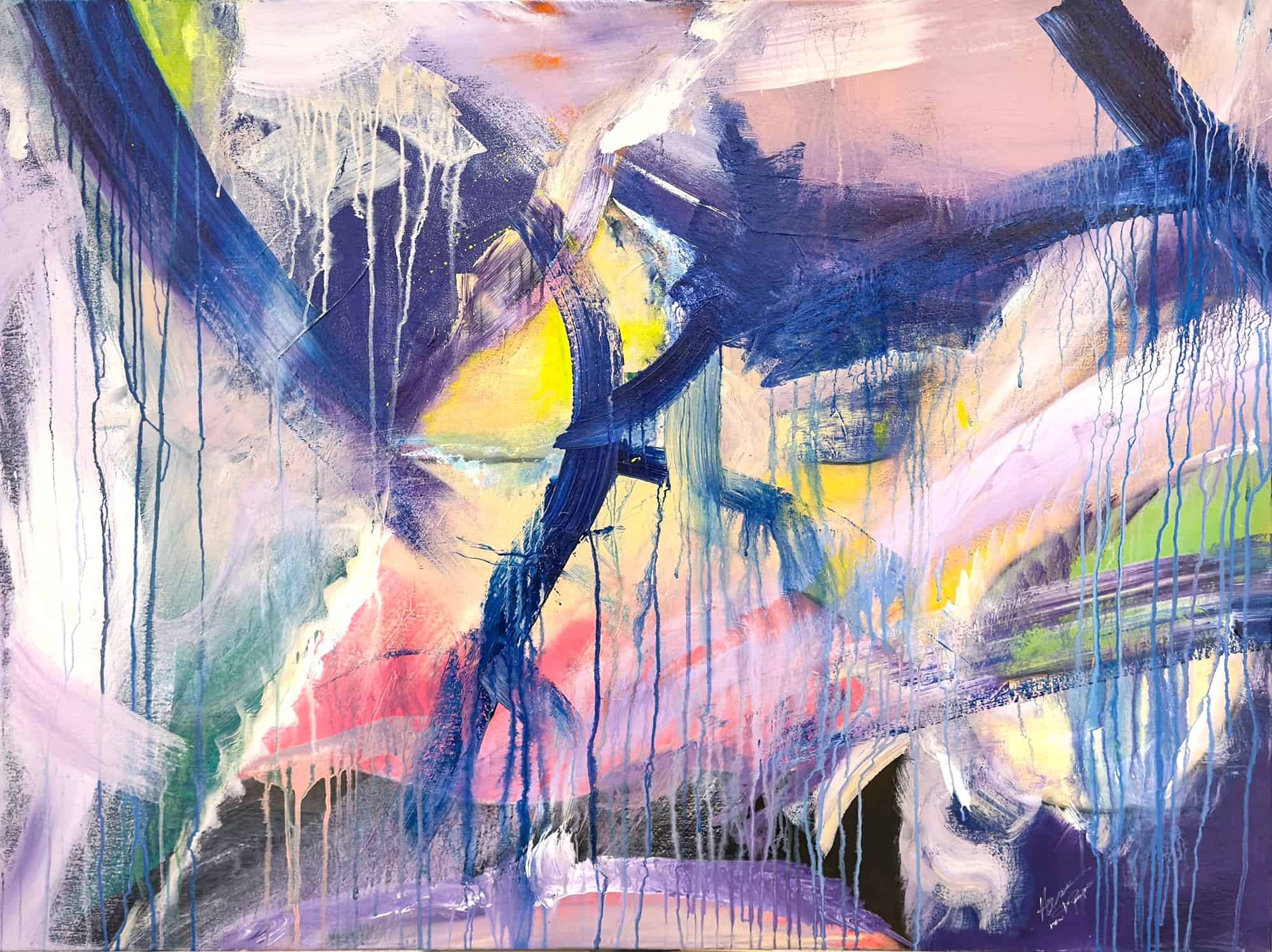 Title: Intervals of Dawn (2025) by David Hovan and Katherine van Kampen – abstract mixed media on canvas in blue, pink, and yellow tones suggesting transition and awakening.