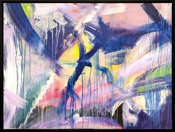 Title: Intervals of Dawn (2025) by David Hovan and Katherine van Kampen – abstract mixed media on canvas in blue, pink, and yellow tones suggesting transition and awakening.