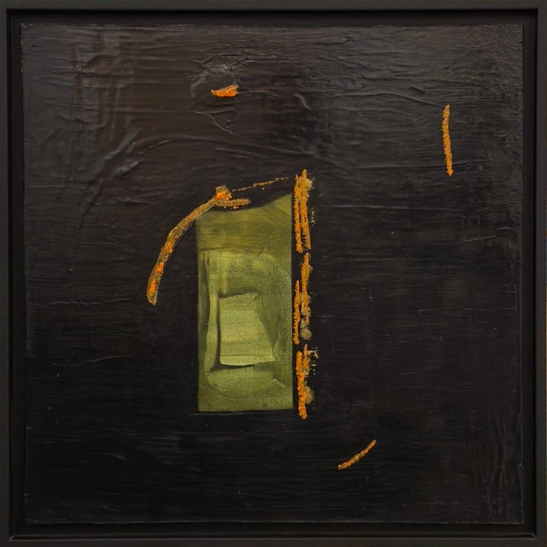 “Sacred Door” by G. Kim Hinkson – 20x20 inch mixed media abstract painting featuring dark textured surface with luminous green center and orange highlights suggesting a hidden portal.