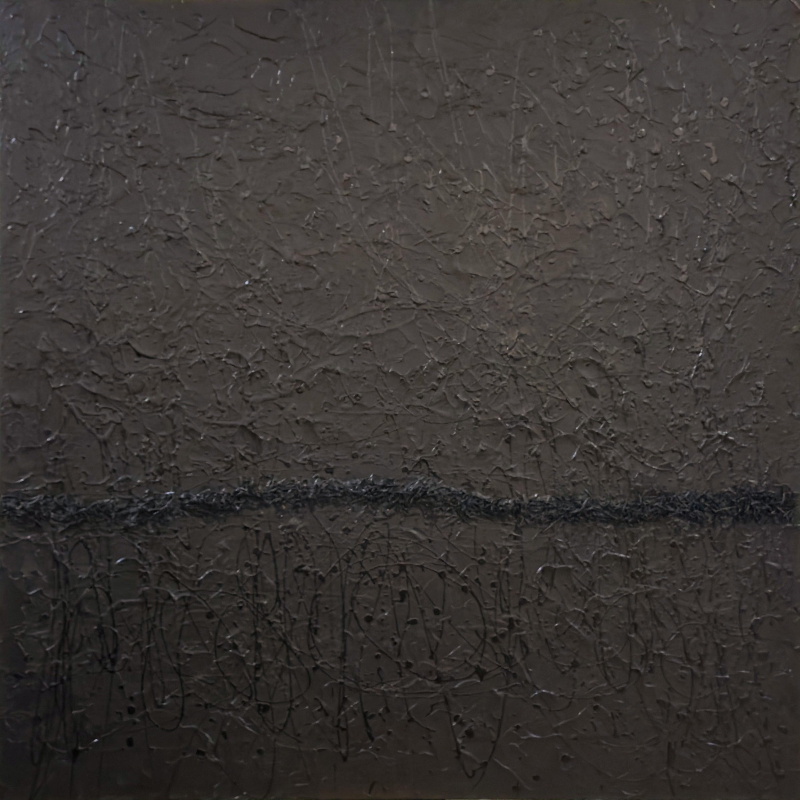 “Totality” by G. Kim Hinkson – 48x48 inch textured mixed media abstract in dark gray tones with layered surface and linear movement suggesting quiet equilibrium.