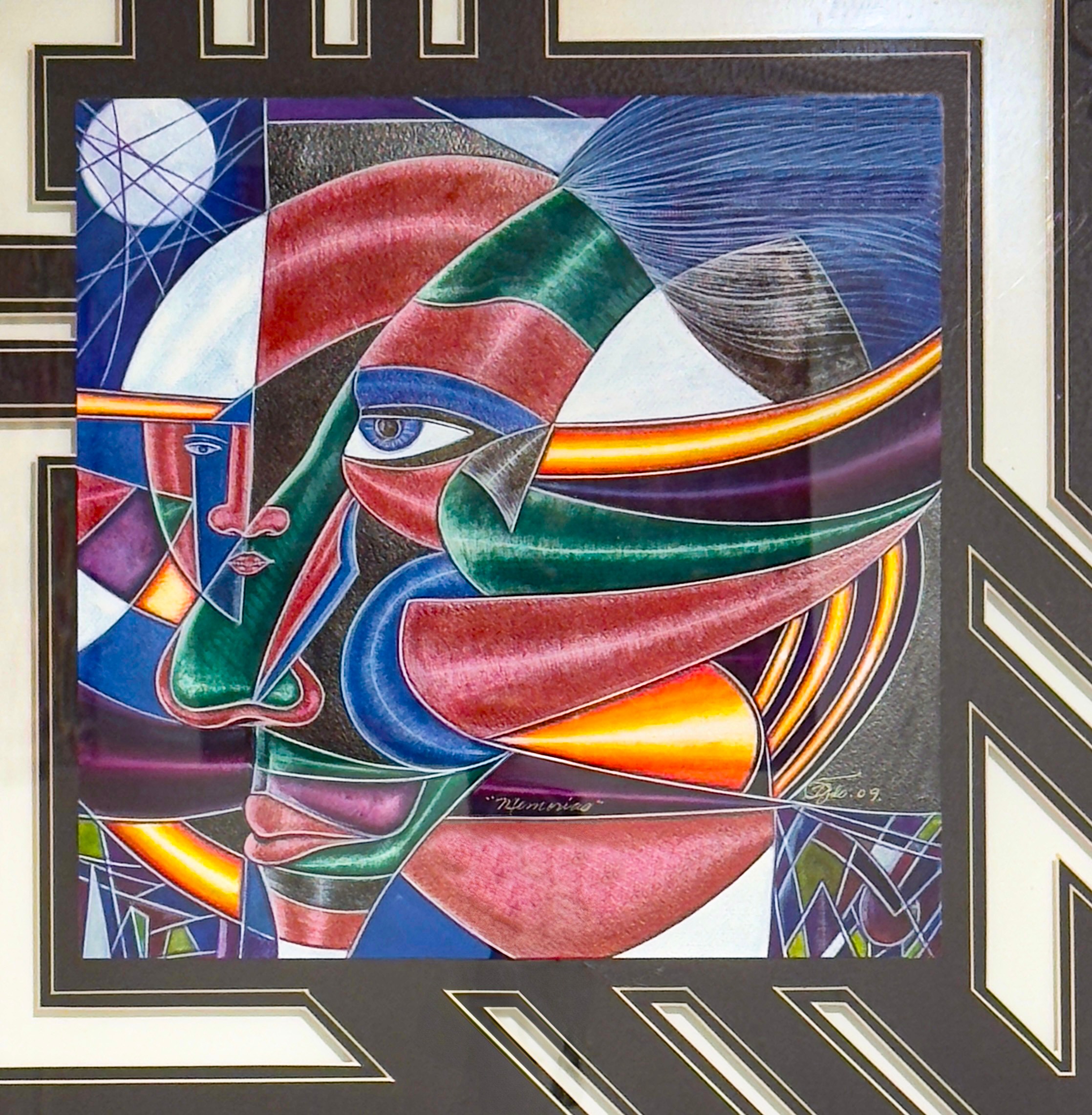 Framed multi-media artwork “Memorias” by Juan Quevedo featuring a colorful geometric abstract portrait.