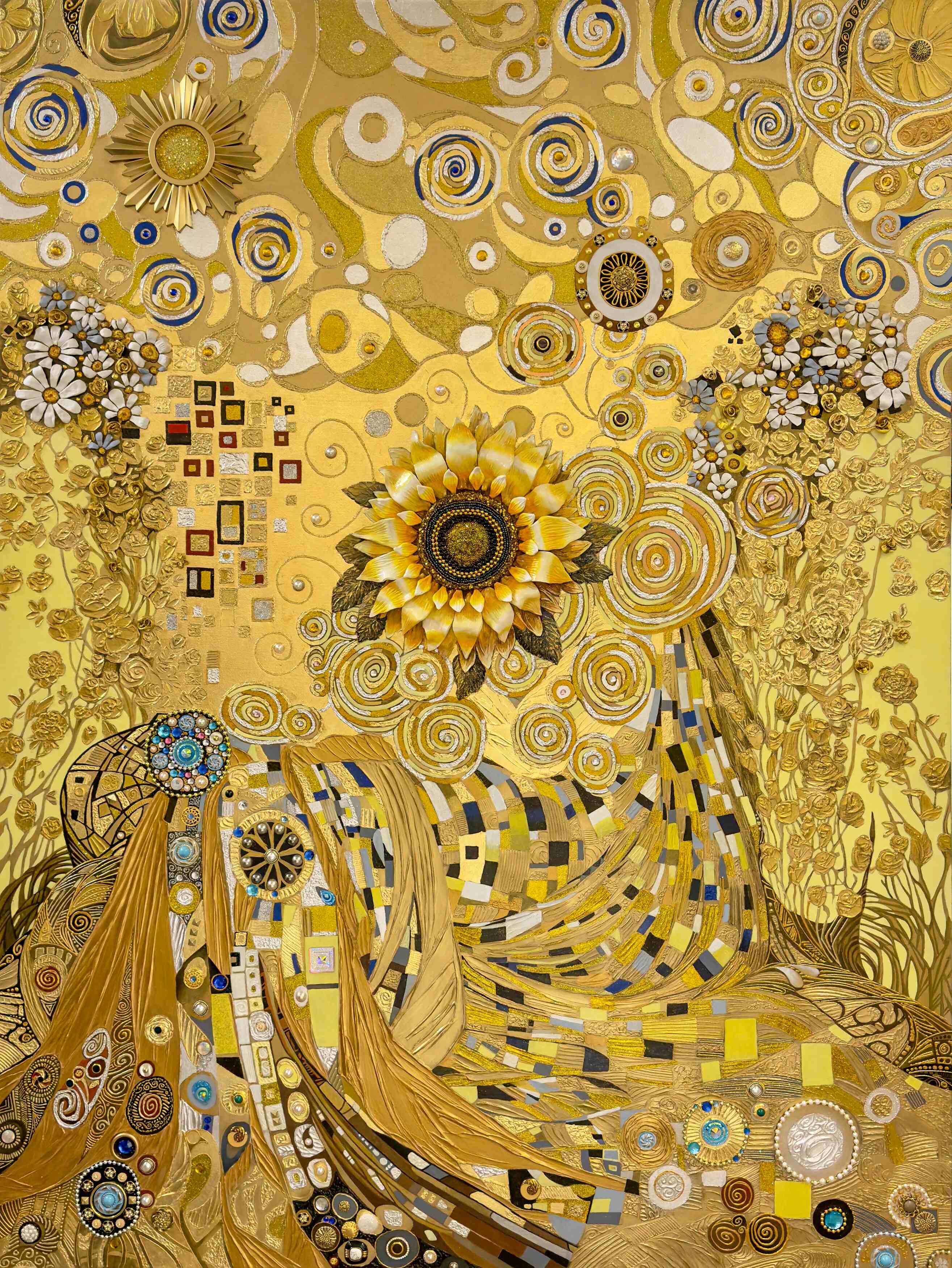 Sunny Joy of Life by Mykola Yurov, commissioned gold-toned mixed media painting with floral and decorative abstract motifs.