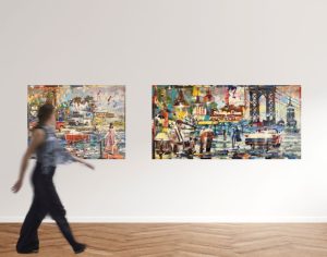 "To Key West Turn" M/M on Canvas, 30 x 40 in. "N.Y Film Festival" M/M on Canvas, 30 x 60 in by Nemo.