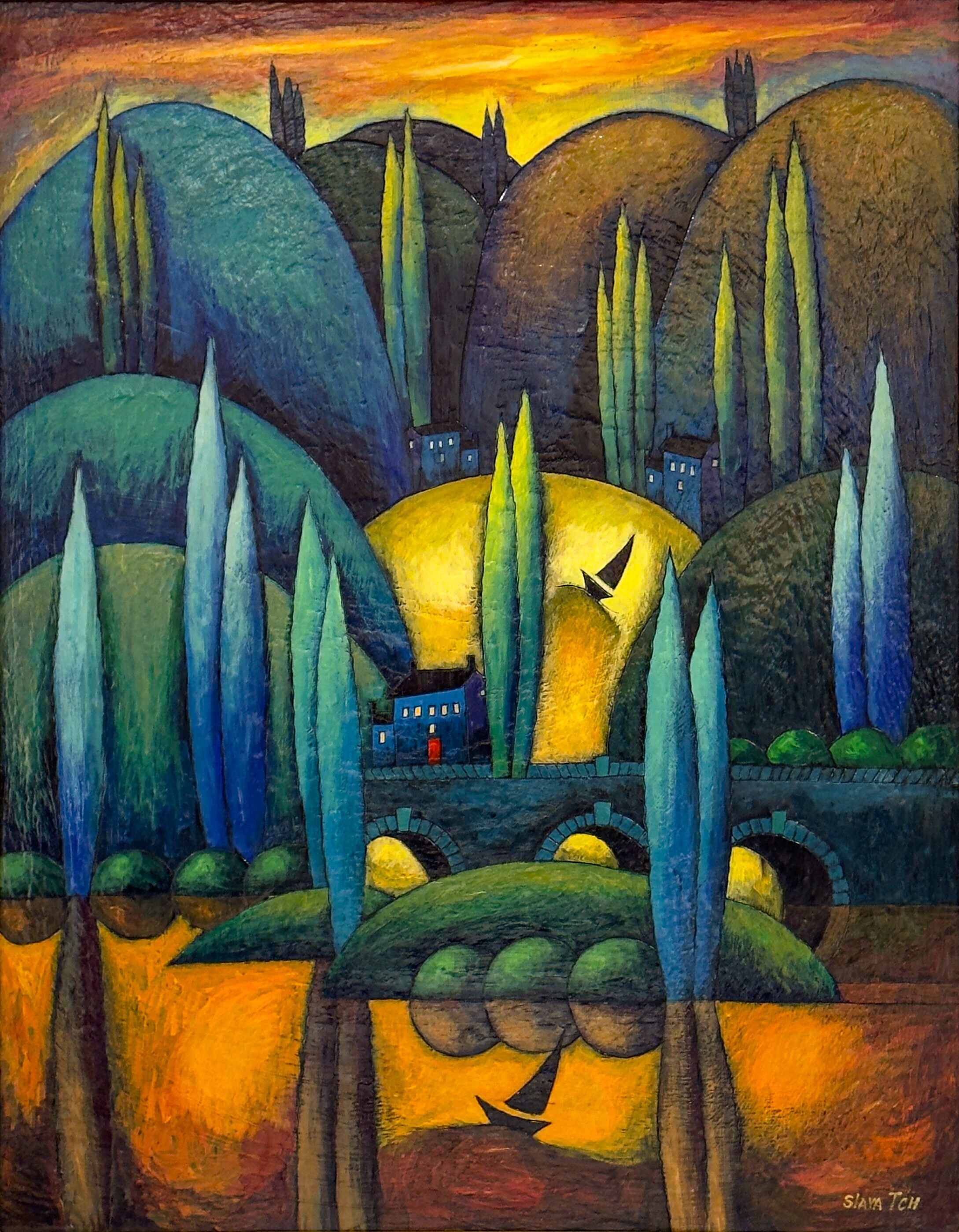 Amber Light by Slava TCH, encaustic on wood landscape painting with rolling hills, tall cypress trees, glowing buildings, and water reflections.