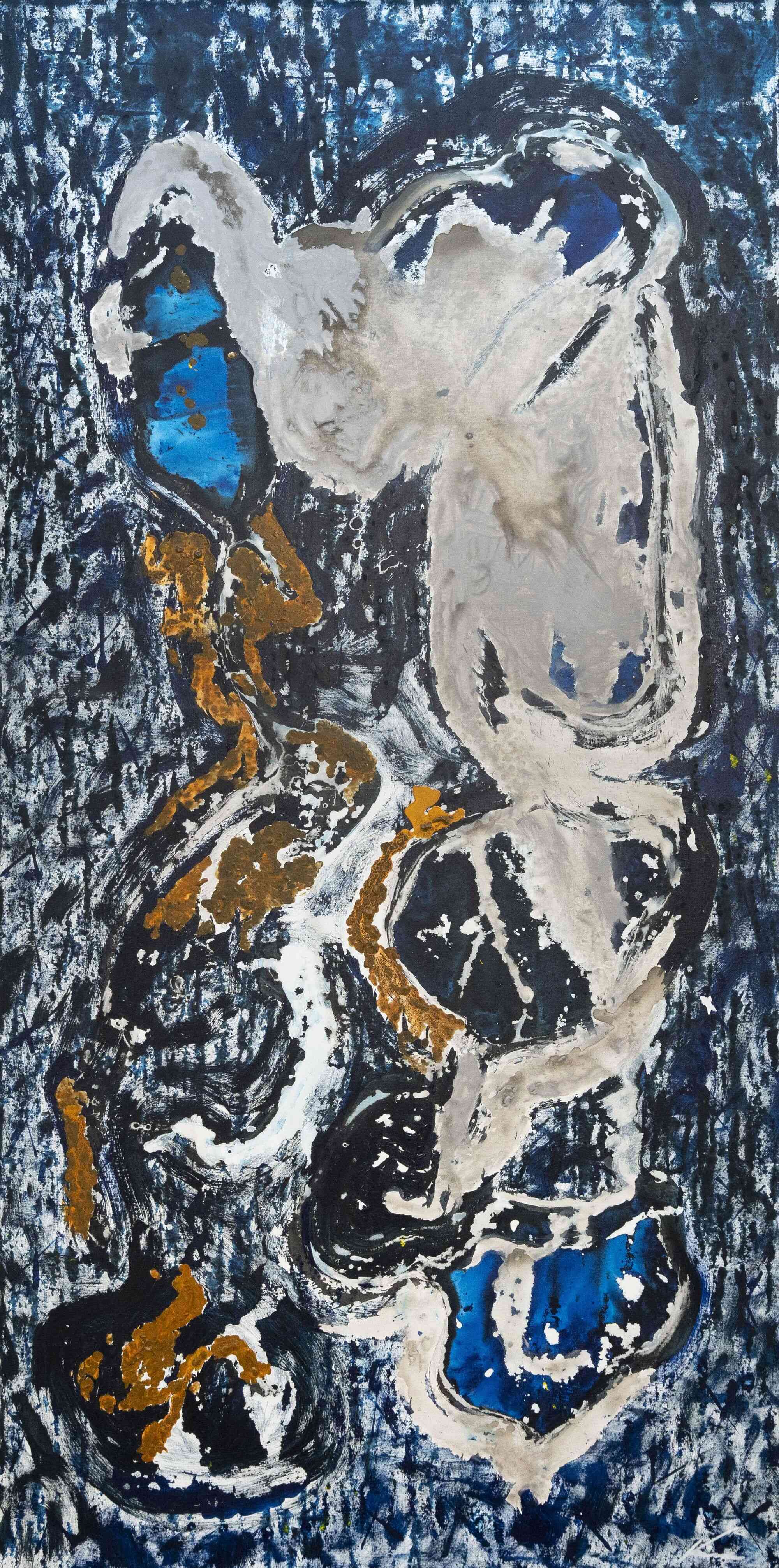 Blue Heron by G Kim Hinkson, large-scale mixed media abstract artwork inspired by a heron feeding on a crab, with flowing blue and earth tones