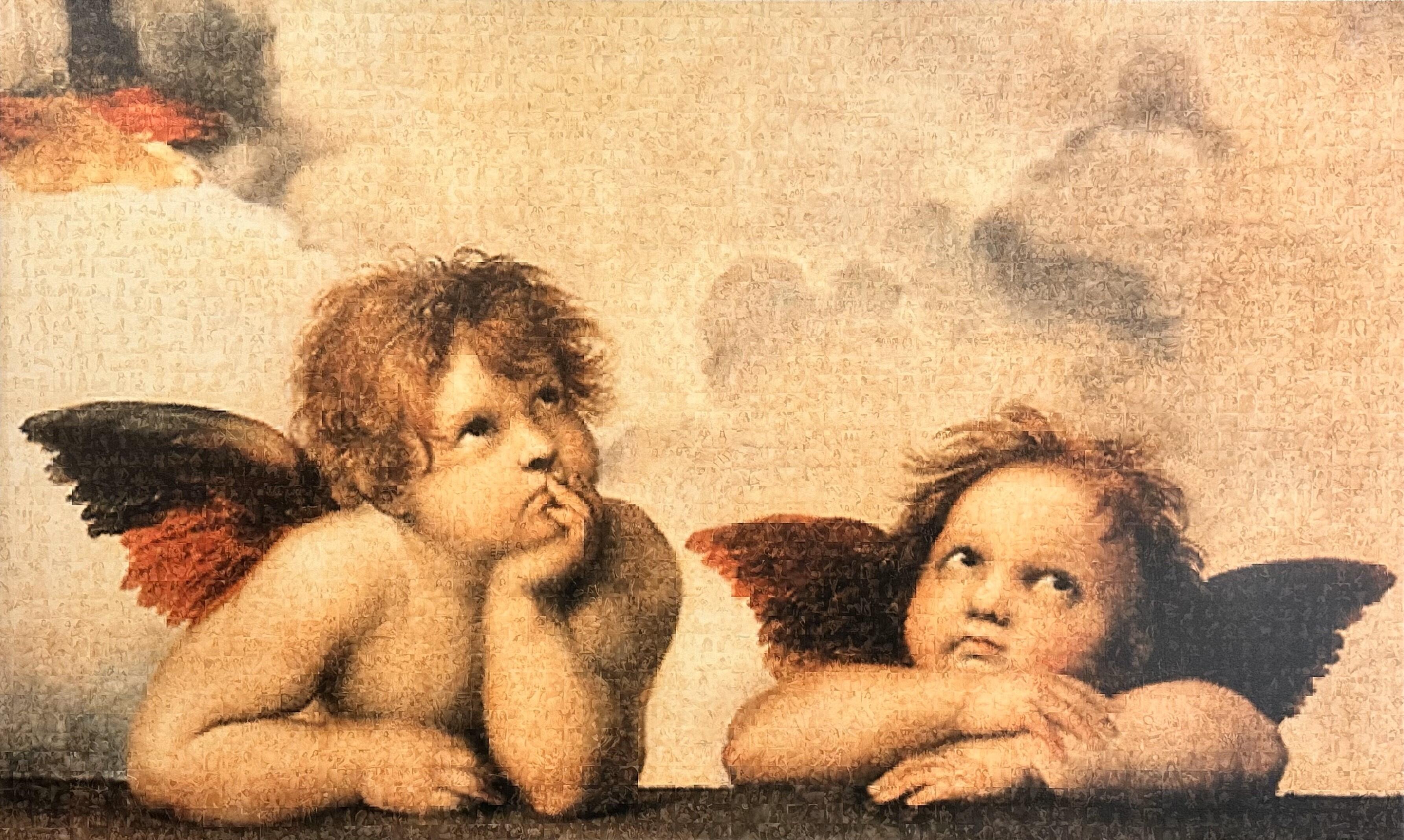 Title: Hidden Gem Ⅱ, Framed digital mosaic artwork inspired by Renaissance cherub imagery, composed of layered miniature images by Jona Jisa.