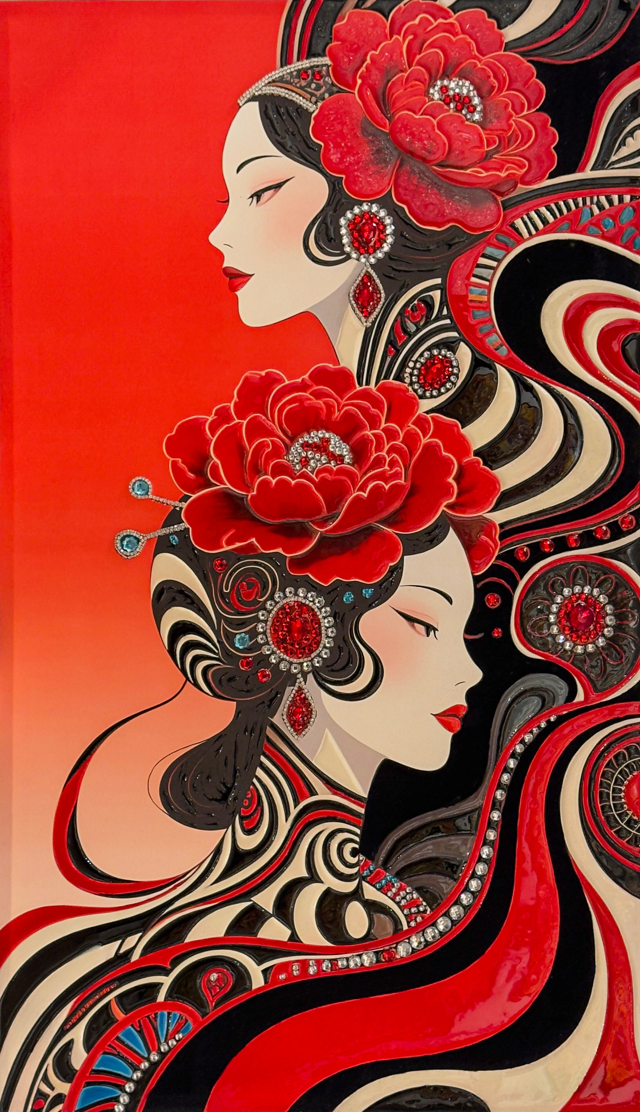 Bloom by Selva Azad, a mixed media and resin artwork featuring dual female profiles, flowing lines, and red floral elements symbolizing growth and vitality.
