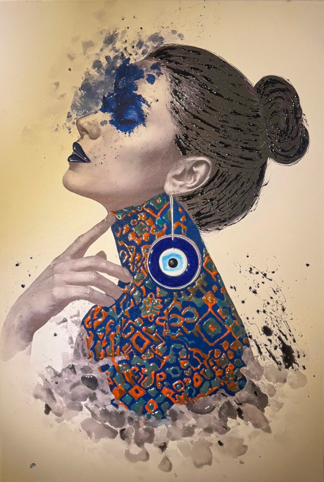 Blue Vision by Selva Azad, a mixed media and resin portrait featuring a female profile with a vivid blue element over the eye and layered textures.